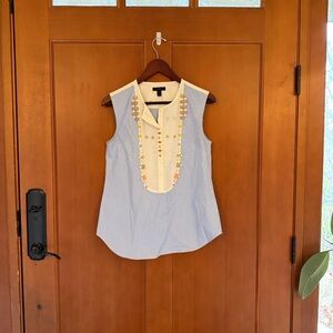 J. Crew Blue and White Striped Blouse with Beaded Detail